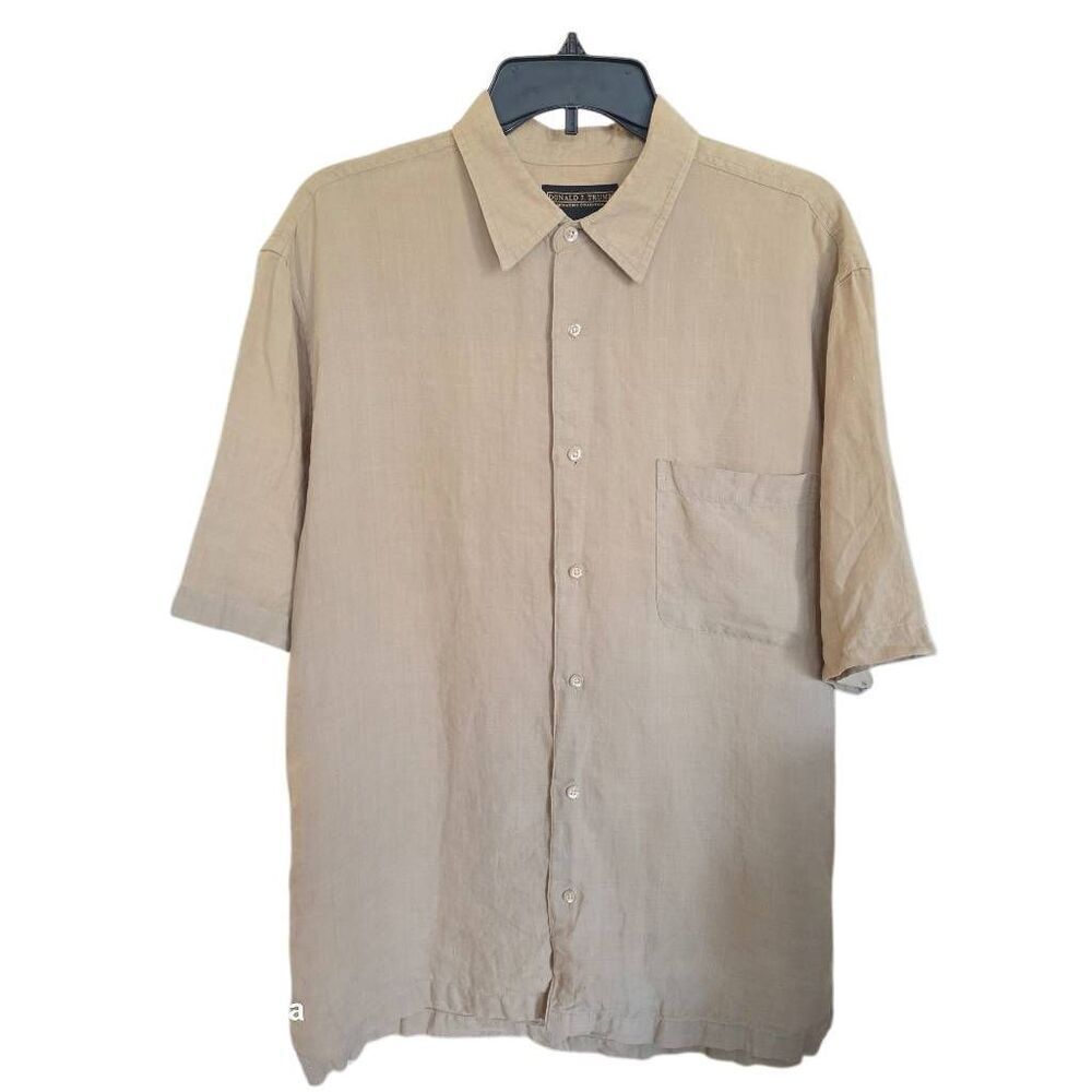 Donald J Trump mens Sz M beige 100% linen button up shirt hiking golf